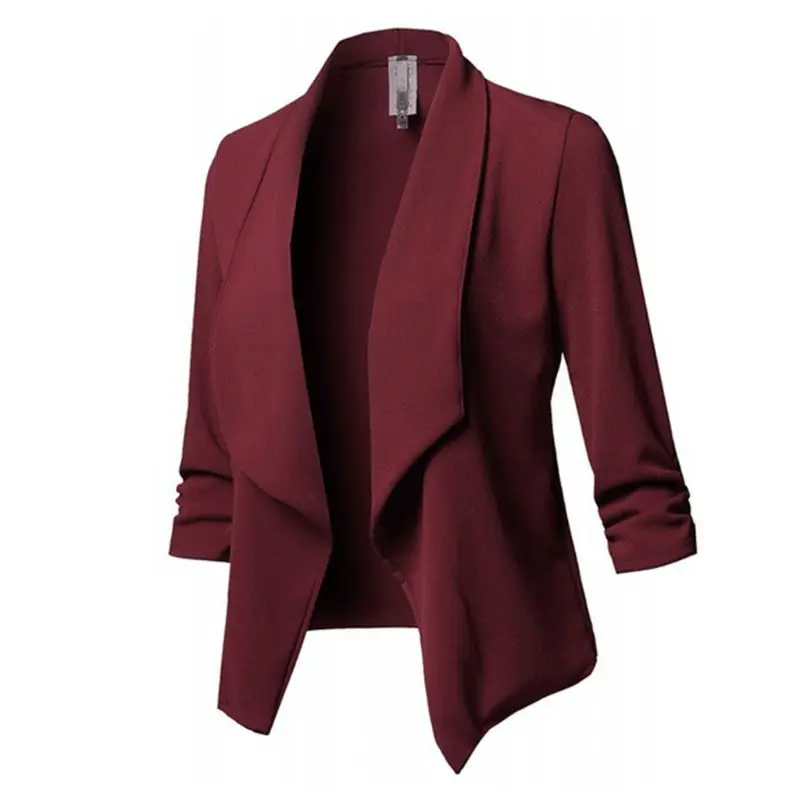 Женское офисное пальто с рукавом три четверти и лацканами, открытая передняя куртка-кардиган, одноцветная W729