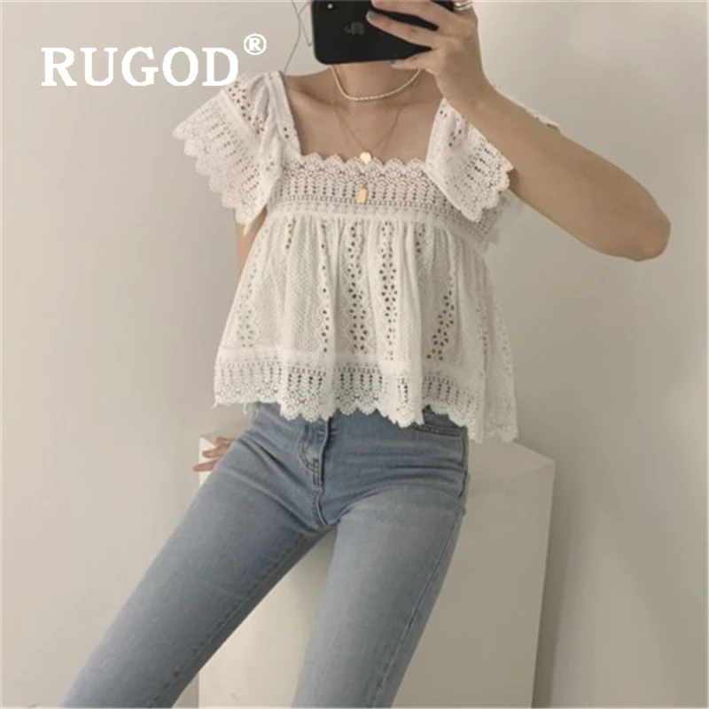 Женская винтажная блузка RUGOD белая открытая в Корейском стиле короткий рукав