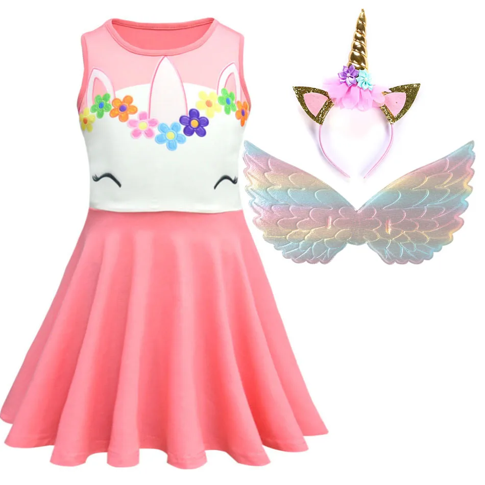 

MUABABY Girls Unicorn Dresses Children Summer Sleeveless Vintage Swing Printing Party Gown Kids Casual Sundress Outfit 2-8 Years