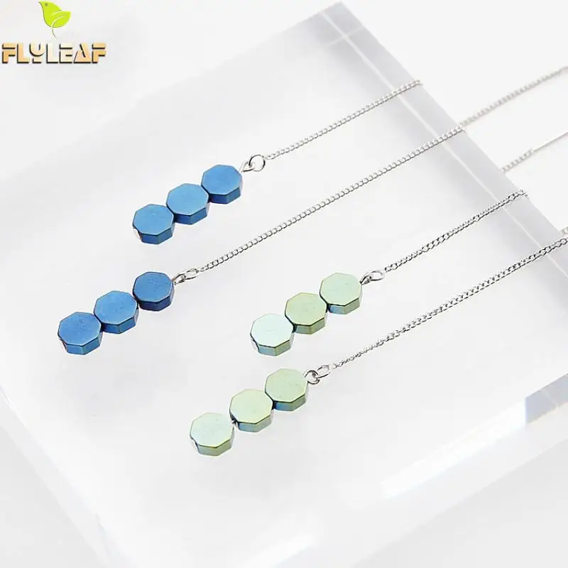 

Flyleaf 100% 925 Sterling Silver Blue Geometric Hexagon Drop Earrings For Women Simple Fashion Party Jewelry