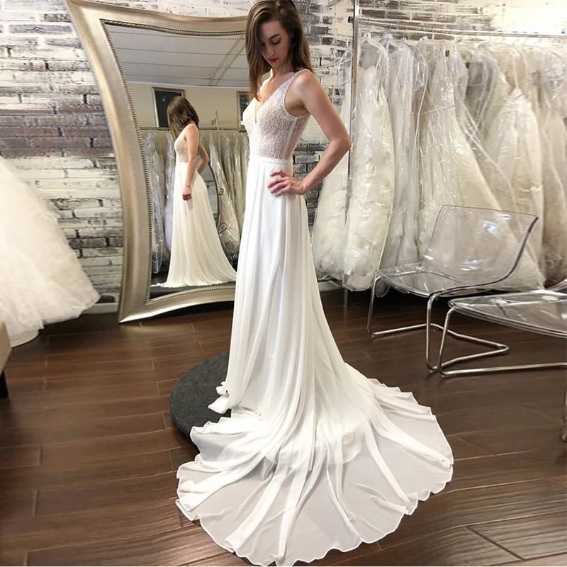 

New Bohomian Beach Wedding Dress Sheer Bodice Chiffon Bridal Dress Robe De Maria White Chapel Train Backless Vestido De Noiva