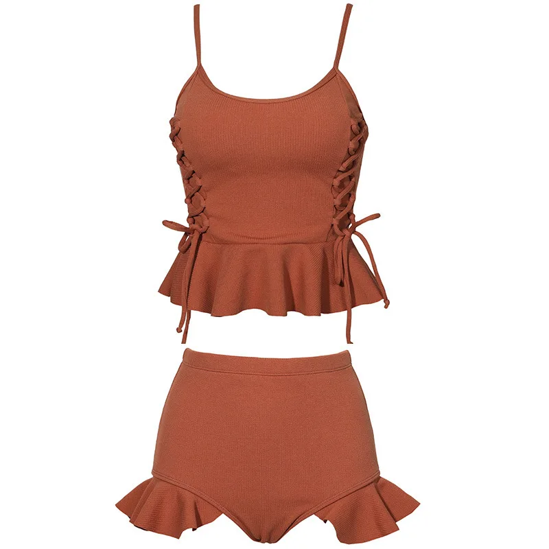 

One Piece Bikini Lady's Swimsuit 2019 For Full Sexy Swim Suits Ins New Pure Colour Suspender Female Leaf Split Leisure Solid