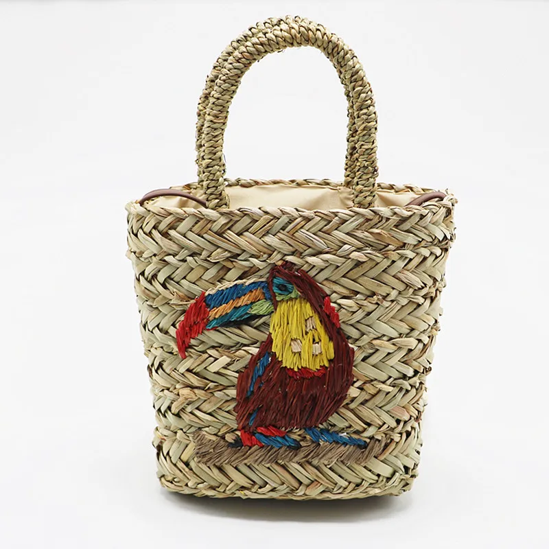 

Handmade parrot embroidered straw bag summer hand-woven bag beach bag