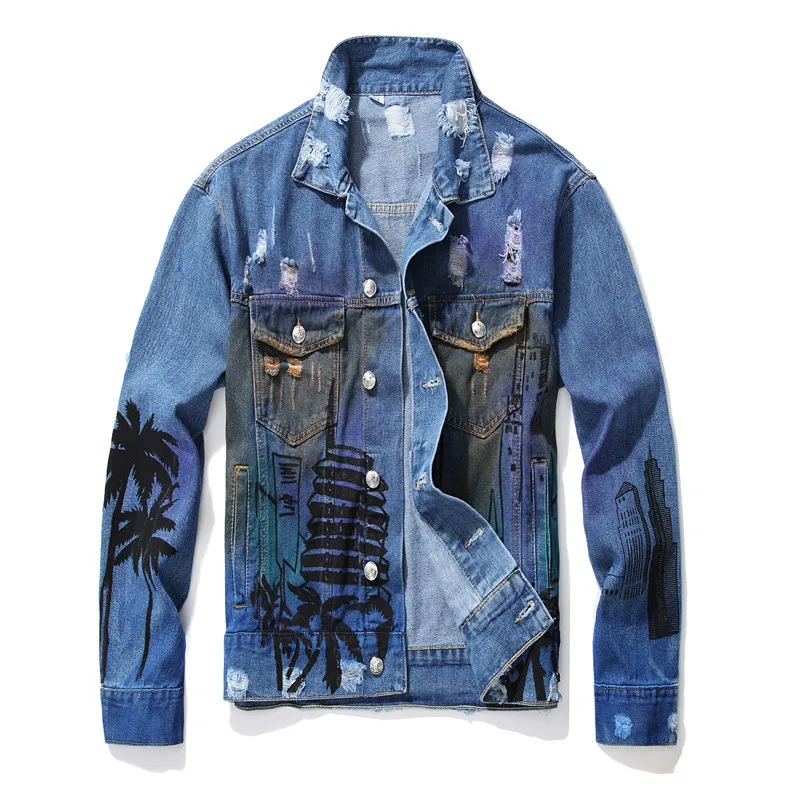 

KIMSERE Men Ripped Jean Jackets Hi Street Painted Distressed Denim Jacket Outerwear With Coconut Tree Printed Fashion Streetwear