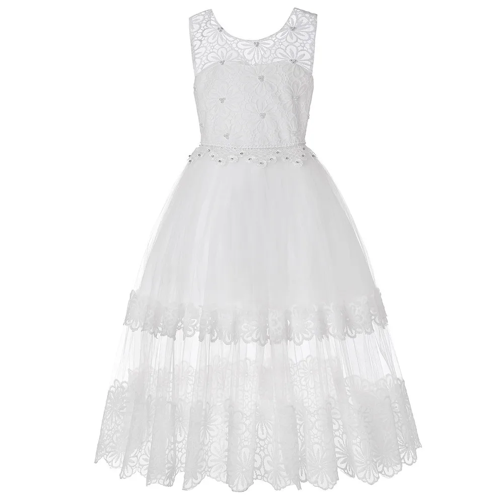 Кружевное свадебное платье с длинными рукавами и цветочным рисунком для девочек; Детские праздничные платья для первого причастия для девочек; нарядные вечерние платья для выступлений - Цвет: White