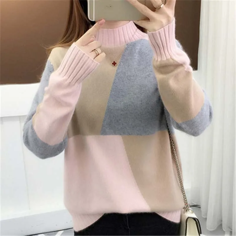 Новинка, осенне-зимний Корейский толстый бархатный пуловер, женский свитер с высоким воротником, вязаные свитера X330 - Цвет: pink  thin