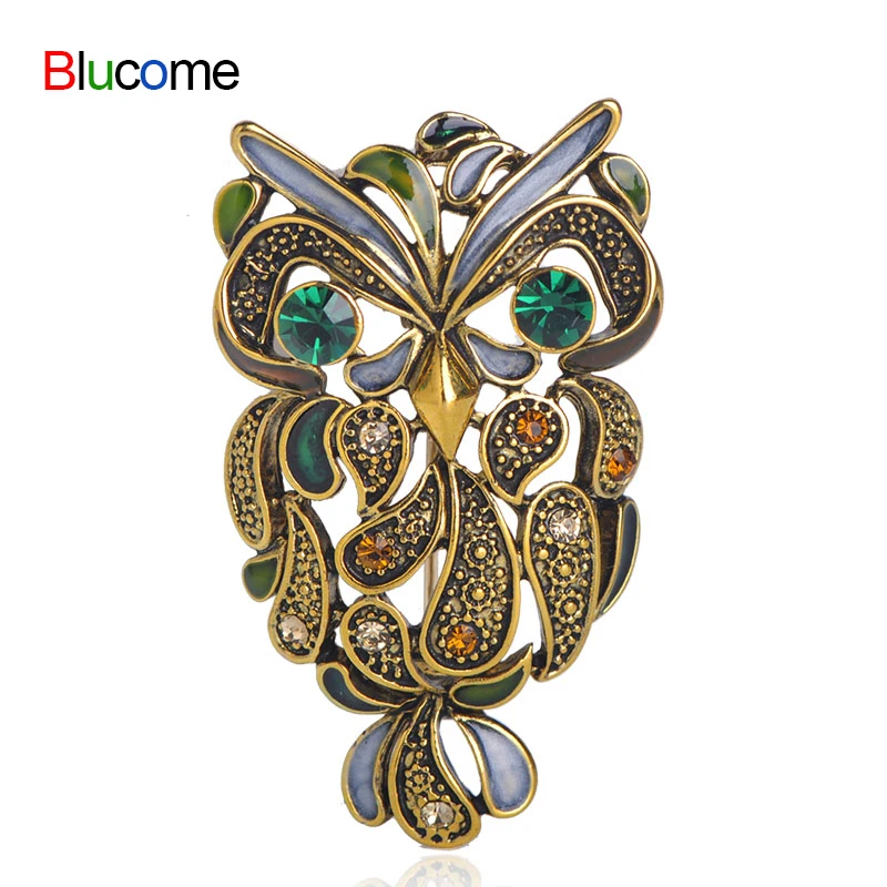 

New Classic women Brooch Owl Enamel Gold animal Brooch Pins Green Crystal Antique Hat Accessories For Men Suit Scarf Jewelry