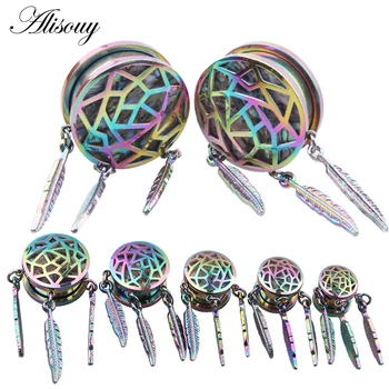 

Alisouy 2PCS hiphop Stainless Steel Ear Tunnel Ear Plugs Rainbow Gauges Feather Dangle Body Piercing Ear Reamer Expander 8-25mm