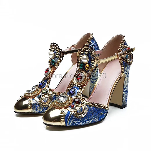 Shooegle Designer Shoes Women Luxury 2018 Runway Pumps Gemstone Pearled Summer Sandals T-Strap Chunky Heels Crystal Blue Sandles | Обувь
