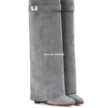 ALMUDENA/женские роскошные брендовые высокие сапоги до колена с замком акулы; кожаные мотоботы с отворотом; сапоги на танкетке, визуально увеличивающие рост