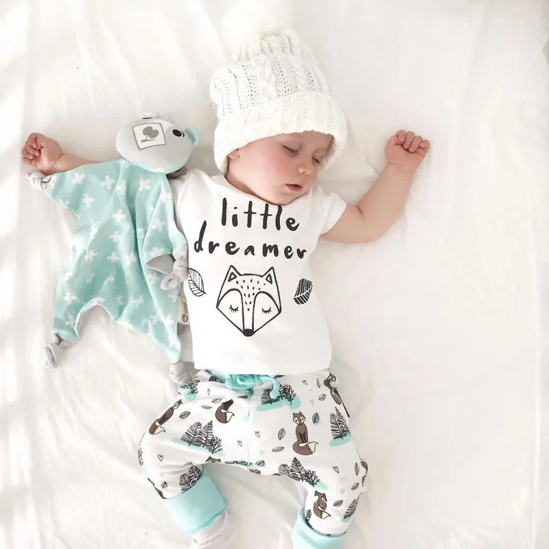 

pudcoco 0-2Y summer Newborn Baby Boy girl Clothes set little dreamer fox T-shirt Tops+Pants Outfits Clothes Baby Clothing Set