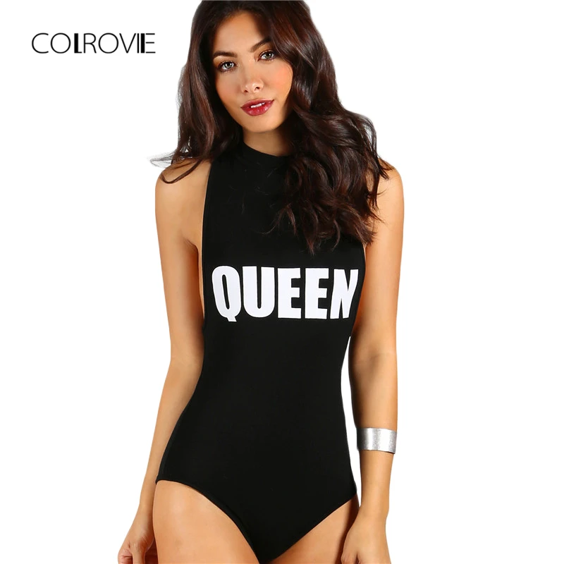 COLROVIE Mock Neck Racerback Bodysuit Black Sexy Skinny Women Letter Print Slim Bodysuits Summer Sleeveless Brief Bodysuit COLROVIE Mock Neck Racerback Bodysuit Black Sexy Skinny Women Letter Print Slim Bodysuits Summer Sleeveless Brief Bodysuit