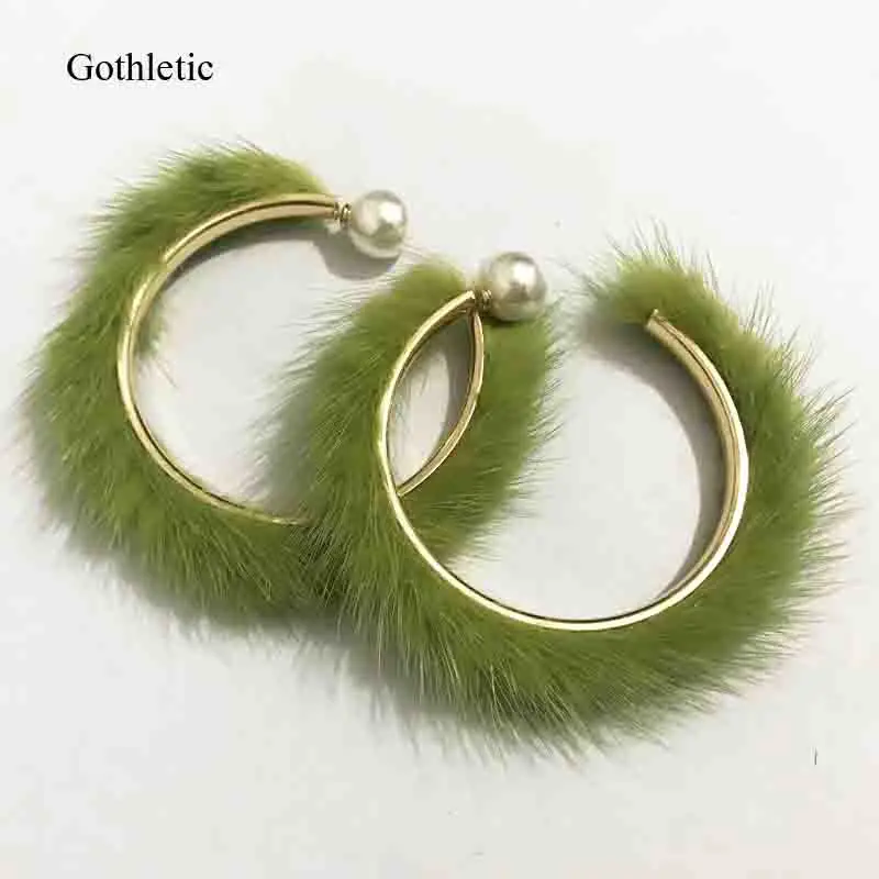 Gothletic брендовые серьги-кольца из натурального меха норки, круглые серьги с жемчугом, 60 мм, большие круглые серьги для женщин, 10 цветов, ювелирные изделия - Окраска металла: Light Green