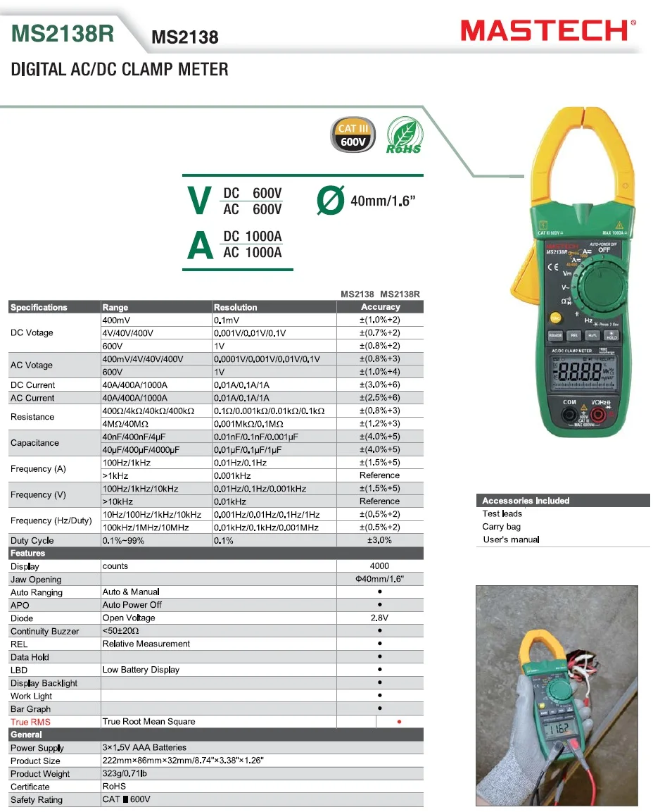 MASTECH MS2138 цифровой 1000A зажим переменного и постоянного тока метр Цифровой мультиметр электрический ток 4000 отсчетов Напряжение тестер с высокой производительностью