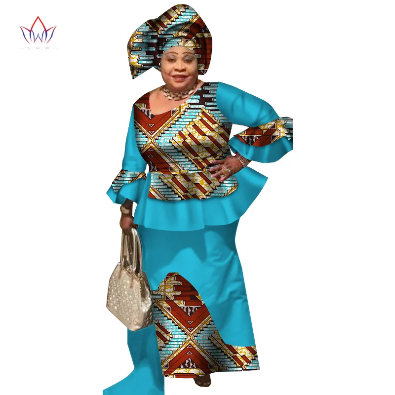 Africa Style Bazin Riche Dresses for Women Two Pieces Set Women Long Sleeve Tops and Long African Print Skirt Plus Size WY2496