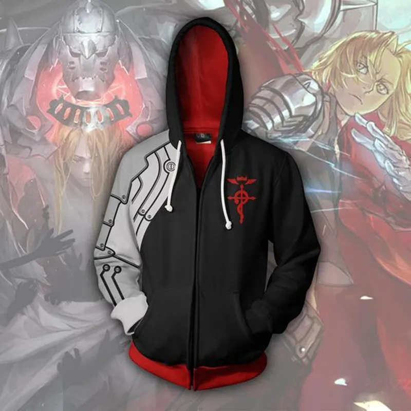 

Anime Fullmetal Alchemist Brotherhood Hoodie Edward Elric New Casual Hoodies Sweatshirts 3D Print Hooded Zipper Coat Outfit