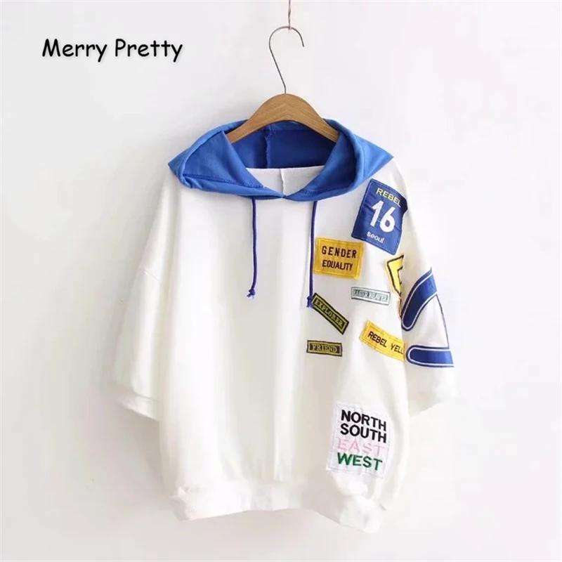 

Merry Pretty Women Hooded Sweatshirts 2019 Summer Letter Embroidery Appliques Hoodies Short Sleeve Drawstring Casual Pullovers