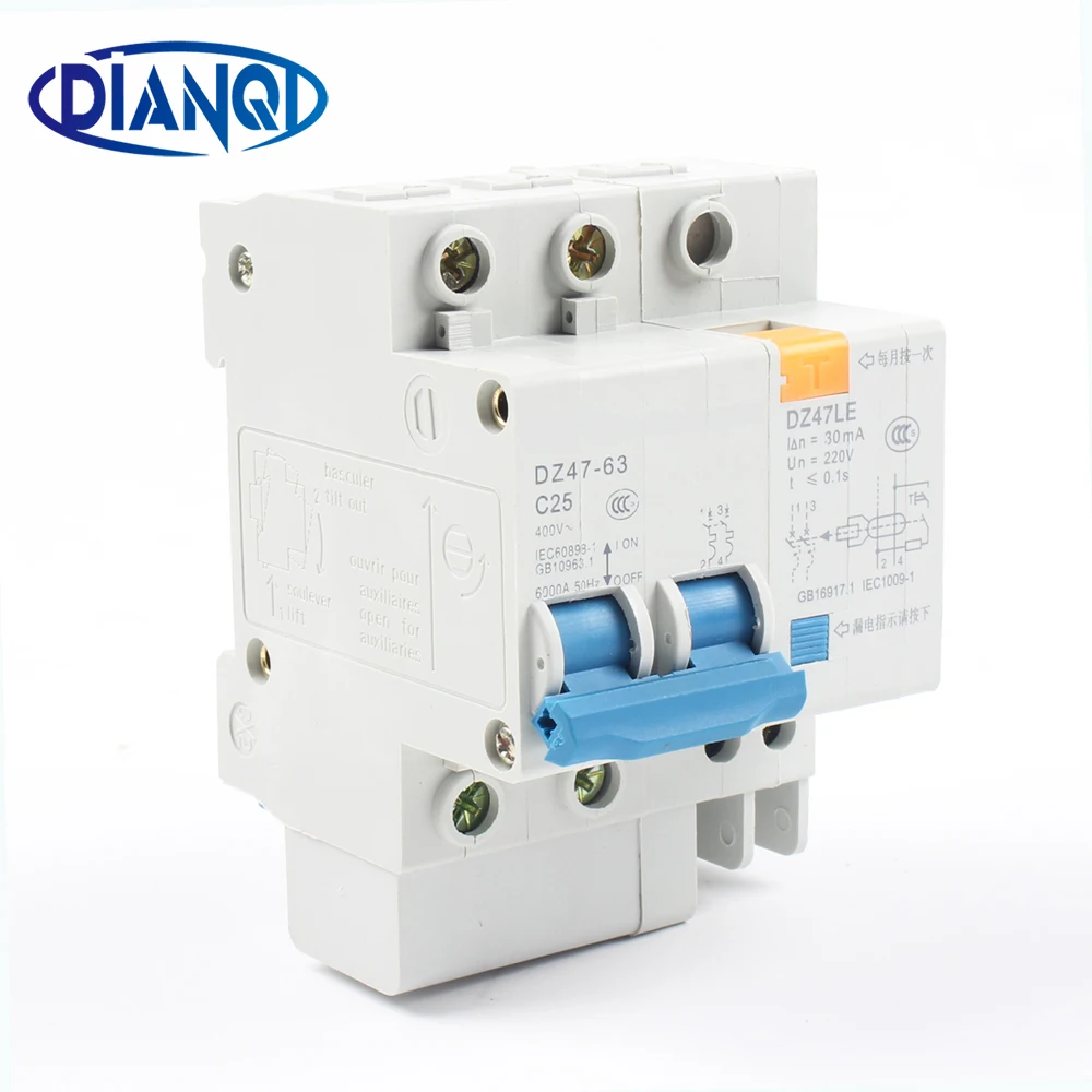 

DZ47LE-63 2P 6A 10A 20A 25A 40A 60A 230V 50HZ/60 Residual Current Circuit Breaker Over Current Leakage Protection RCBO Chopper