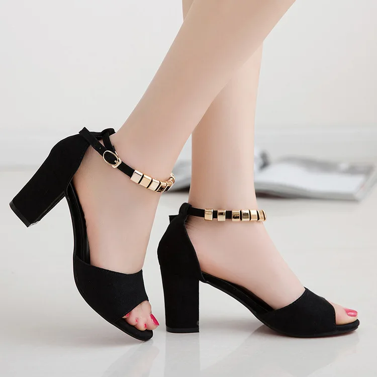 

2019 Summer Women's Shoes Round Head High Heels Sandals Woman Thick Word Buckle All Match Classical Suede Shoes Women's Sandals