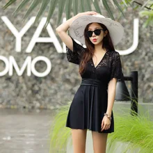 Женский черный цельный кружевной купальник купальное платье летняя пляжная одежда сексуальная юбка купальный костюм купальник