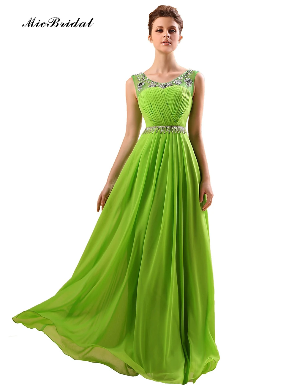MicBridal Cheap Green Long Dress Beaded Straps Women Formal Dresses