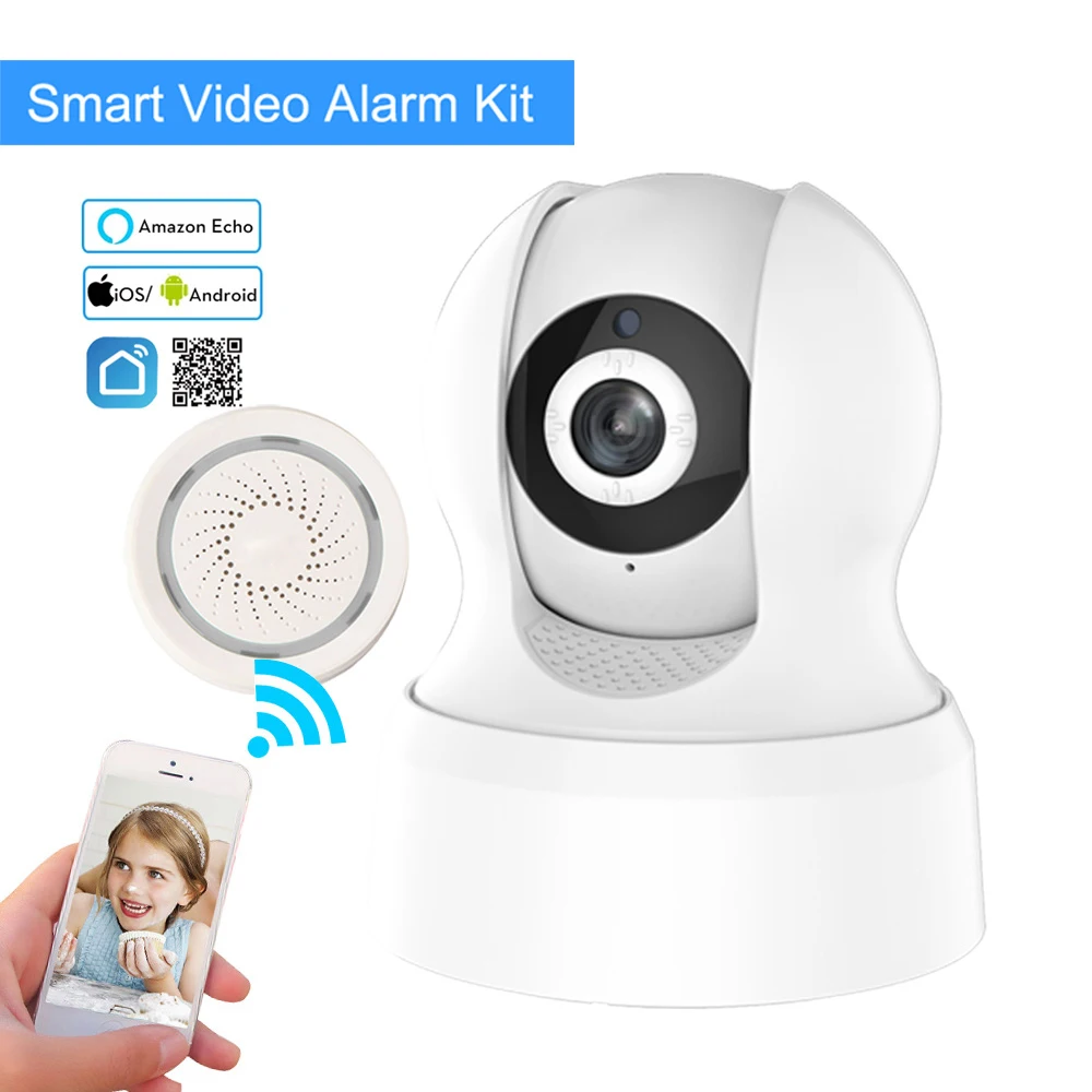 

Wireless Smart Home Alarm System App Notification Alerts with 720P WiFi IP Camera + Siren Alarm, Support Amazon Alexa Echo Show