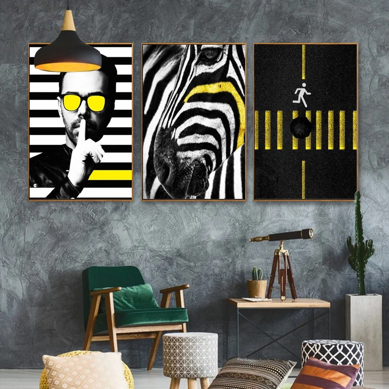 HAOCHU Triptych Chic Abstract White Black Stripe Zebra Fashion Man Figure Canvas Painting Wall Poster For Home Bar Decor | Дом и сад