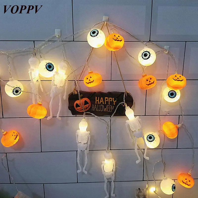 VOPPV светодиодный Helloween световая Фея струна для гирлянды Gerlyanda струны тыква/Призрак/призрак глаз/паук/Летучая мышь/Череп светодиодный свет