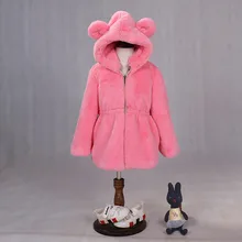 Малышей шуба Новая зима для маленьких девочек с мехом кролика пальто с длинным рукавом с капюшоном уши Сладкие Дети искусственного меха верхняя одежда XL6