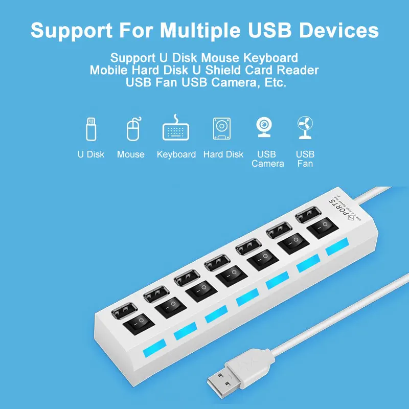 Usb-хаб 2,0 4/7 порт портативный USB 2,0 концентратор мультиразветвитель с переключателем вкл/выкл или ЕС/США адаптер питания для ноутбука MacBook