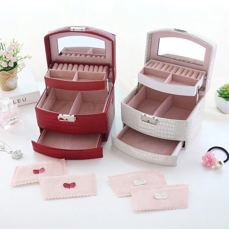 

Automatic Leather Jewelry Box Three-layer Storage Box For Women Earring Ring Cosmetic Organizer Casket For Decorations