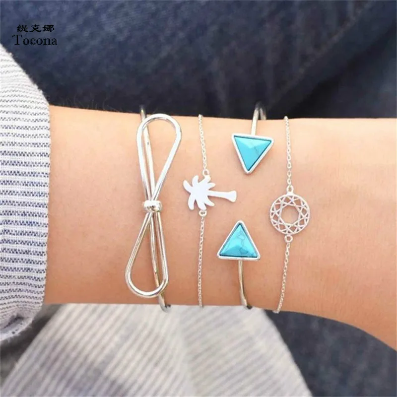 

Tocona 4Pcs/Set Bohemian Opening Coco Tree Knot Coin Charm Cuff Bracelets Set for Women Punk Bracelet Bangle Jewelry 4406