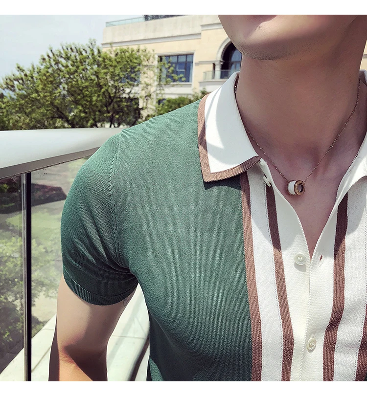 Контраст Knit Stripe рубашка поло Британский Для мужчин модные короткий рукав поло Camisa Masculina поло Playera поло Hombre черный зеленый
