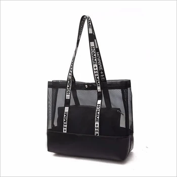 

SHUSHIRUO Fashion High Quality Women Grid Transparent Handbags Summer Female Beach Travel Tote Shoulder Bags Makeup Bag Popular
