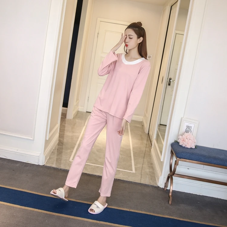 100% хлопок сплошной Пижамный комплект для Для женщин 2018 осень-зима с длинными рукавами и круглым вырезом Пижама женский Loungewear Домашняя