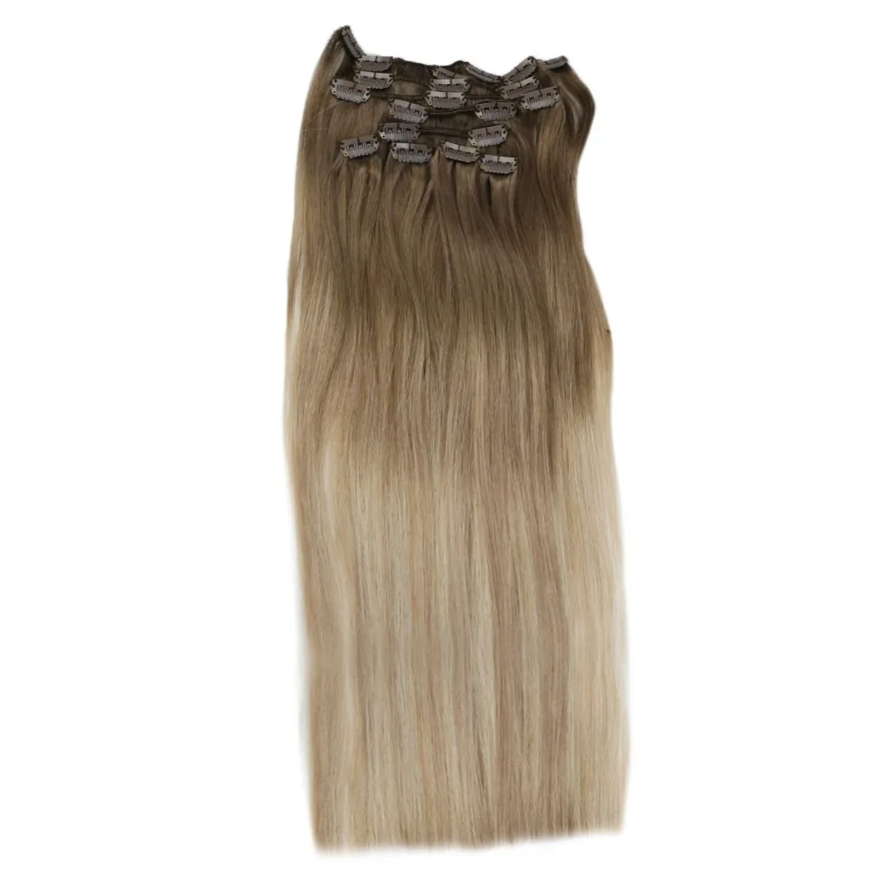 Полный блеск человеческие волосы на заколках для наращивания блонд цвет балаяж#8 выцветание до#18 выделенный цвет 60 реалистичный цвет волосы на заколках