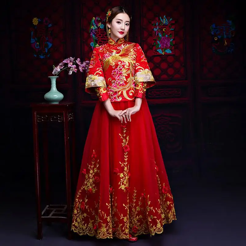 Handmade Embroidery Women Oriental Style Qipao Royal Bride Red Wedding Dress Chinese Marriage Cheongsam Suit Toast Clothes - Цвет: Phoenix 1