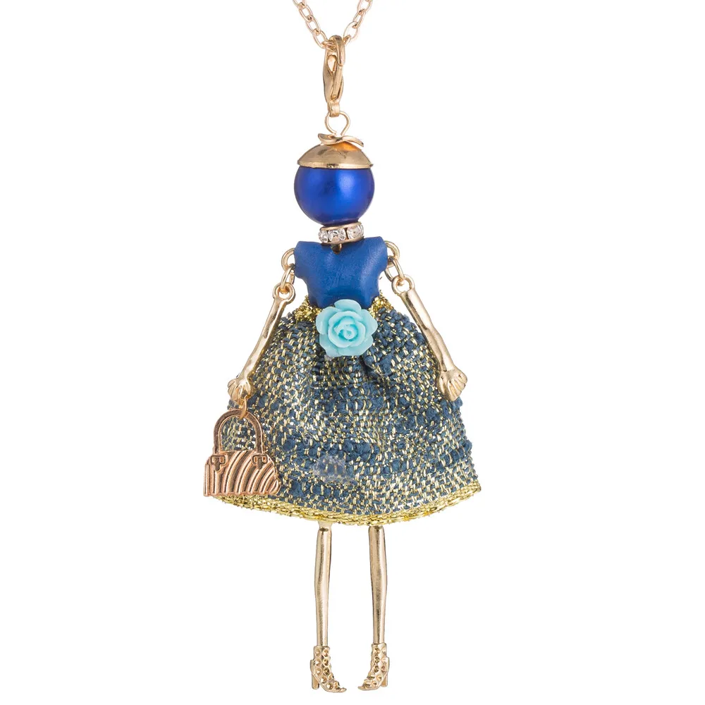 

Fashion French Lady Doll Necklace Pendant Jewelry lovely Dress Long Maxi Choker Blue Bead Statement Necklace 2016 For Women gift