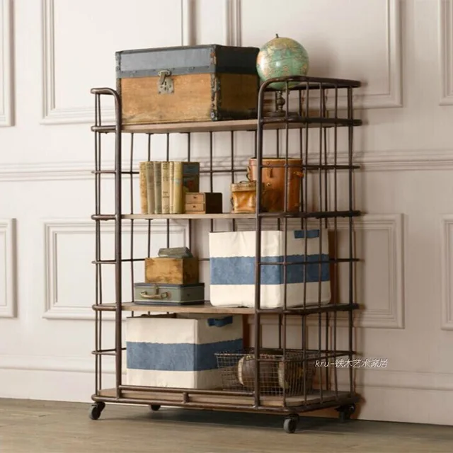 Loft American Country Retro Wrought Iron Wood Bookcase Shelves With Loft American Country Retro Wrought Iron Wood Bookcase Shelves With Wheels To Do The Old Living