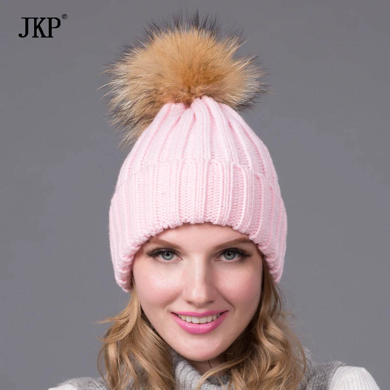 

Natural raccoon pompom knit cotton cap women's top twisted dot wool women's hat girls autumn winter hat headdress ZZ-01