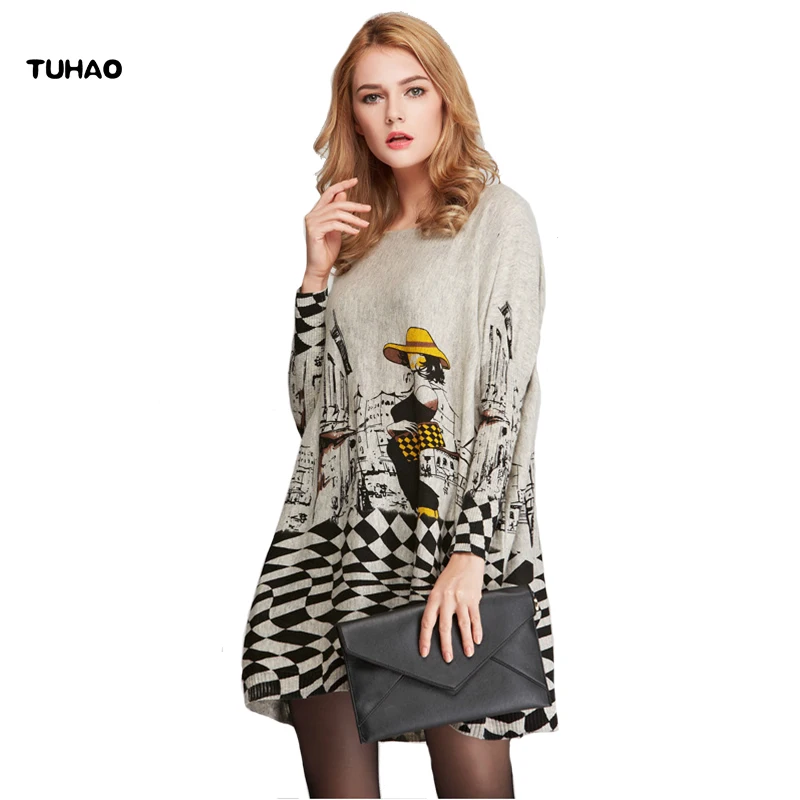 TUHAO Women's Plus Size Sweater City Beauty Lady Print Batwing Sleeve ...