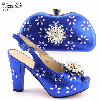 

Nigeria Flowers Rhinestone Wedding Shoes And Bags Set For Party Italian Elegant High Heels Womam Shoes And Purse Set TX-233