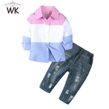 JT-343, комплект одежды для мальчиков, Осенний повседневный костюм для мальчиков, коллекция года, комплект одежды для мальчиков, Лоскутная цветная рубашка+ джинсы, комплект детской одежды