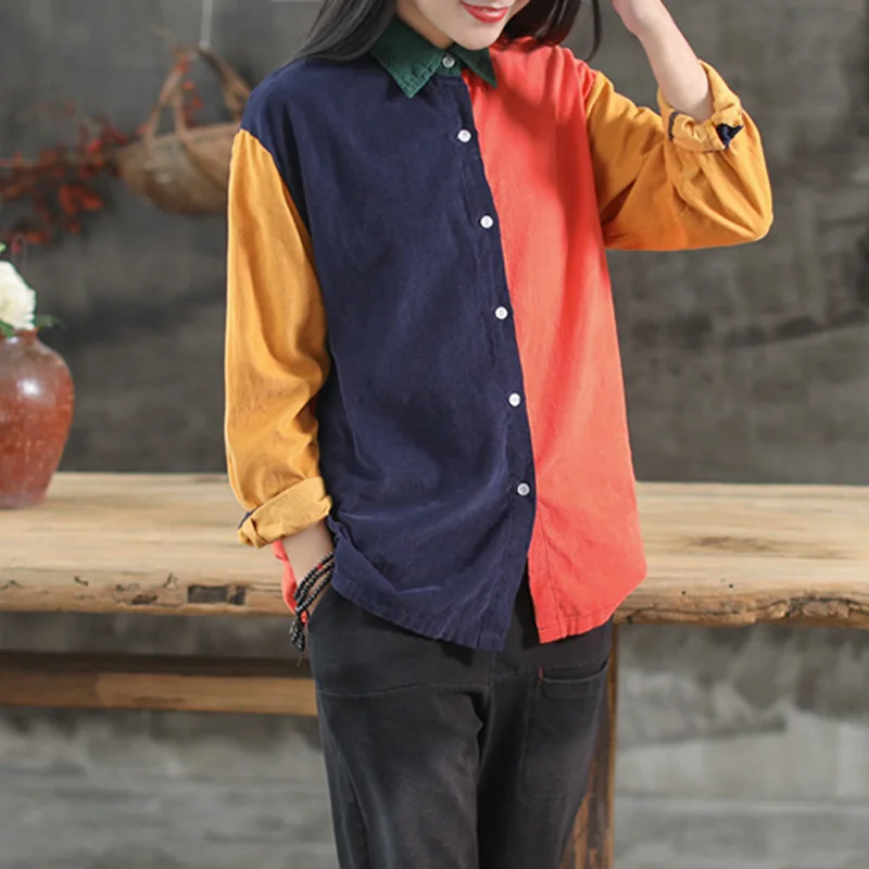 

Johnature Patchwork Color Corduroy Shirt For Women Vintage Button Long Sleeve Blouses 2019 New Casual Women Cloths Shirts