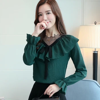 

2018 spring summer korean fashion chiffon tops blouse sexy lady clothes new joker with bowknot horn sleeve mesh collar ruffles