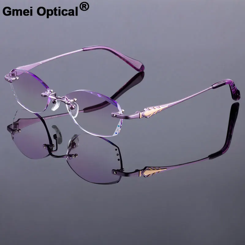

Glamorous Purple Women Rimless Frame Titanium Alloy Optical Frame Diamond Trimming Cut Rimless Glasses With Gradient Tint Lenses