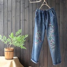 Женские джинсы с вышивкой винтажные женские синие джинсовые брюки карандаш повседневные брендовые модные тонкие джинсы