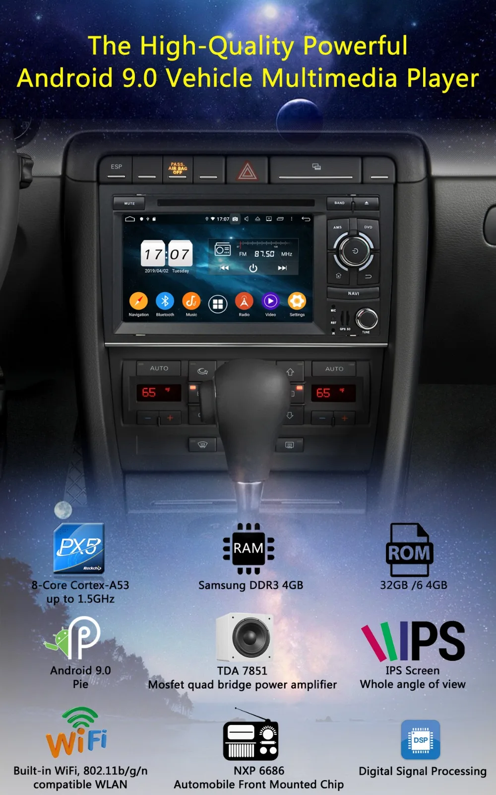 Excellent 7" IPS 8 Core 4G+64G Android 9.0 Car DVD Radio Multimedia GPS Navi For Audi A4 B6 B7 S4 2002-2008 DSP CarPlay Parrot BT Stereo 1