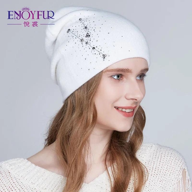 ENJOYFUR Wool Hat для зимние Для женщин мягкие теплые вязаные шапки для девочек двойной Слои женские шапочки Шапки - Цвет: 10