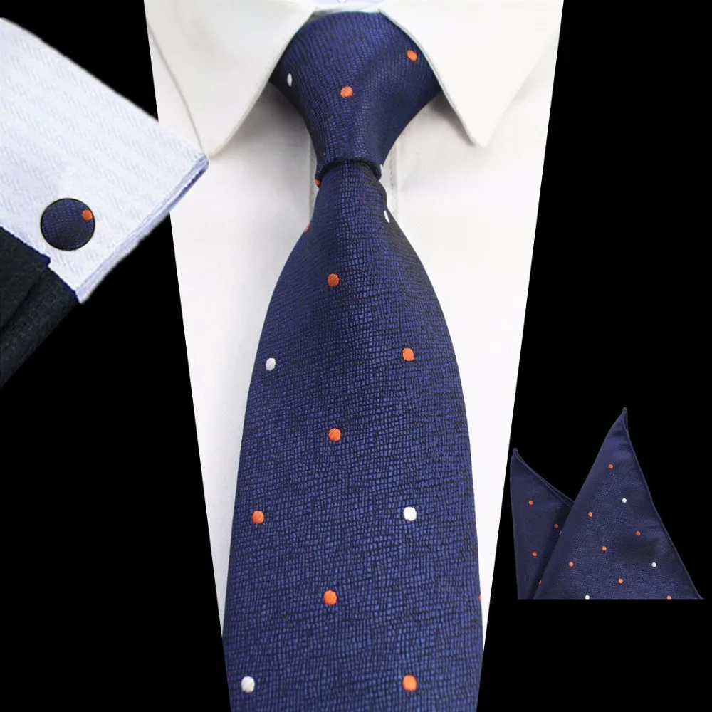 GUSLESON 8cm Plaid Striped Tie Set Jacquard Woven Mens Necktie Hanky Cufflinks For Wedding Party